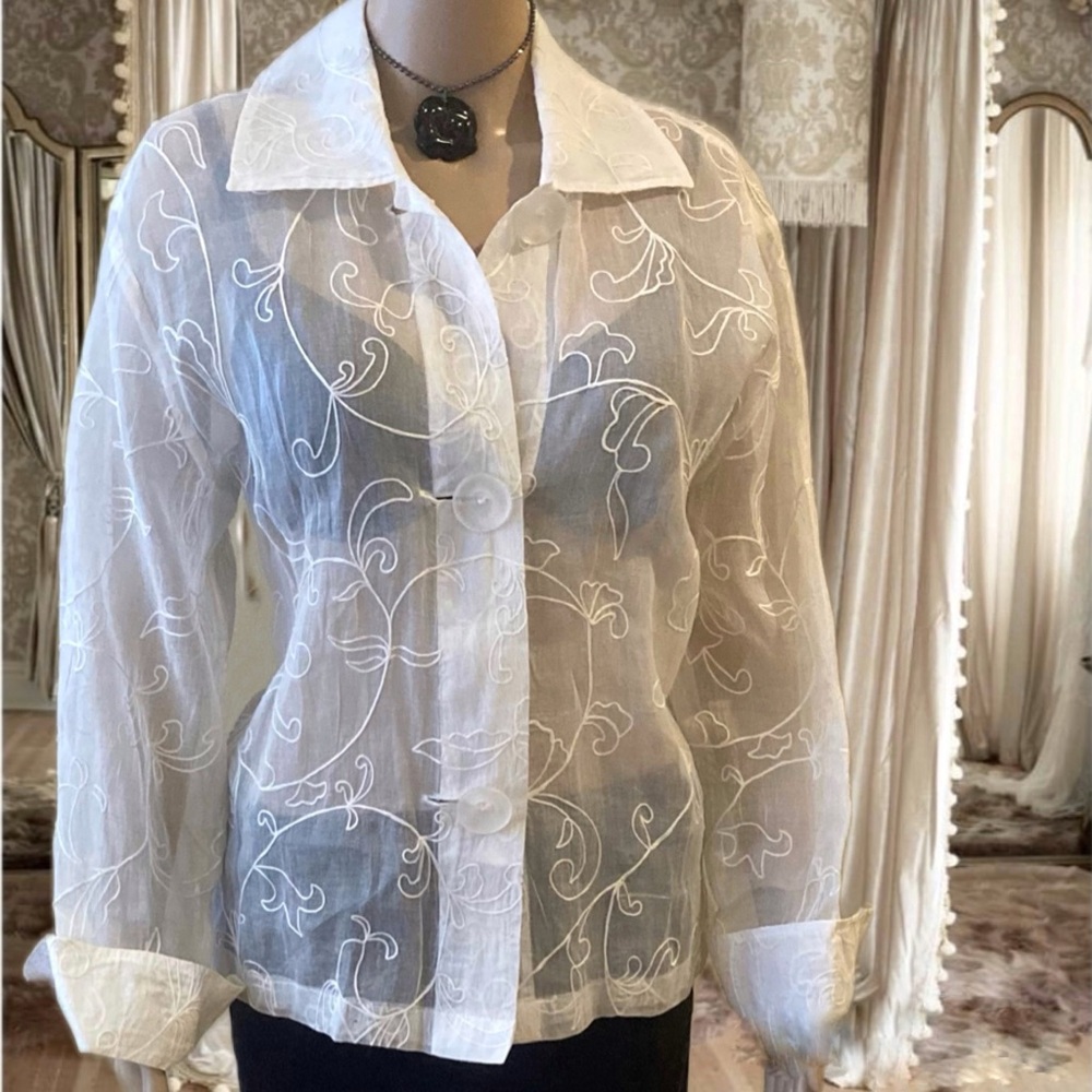 Vintage Sheer Floral Embroidery Cotton Blouse